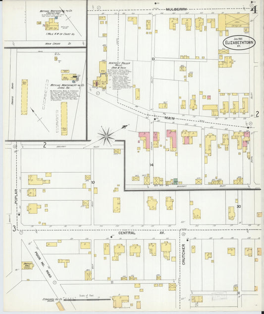 Sanborn Fire Insurance Map from Elizabethtown, Hardin County, Kentucky (1901), Sheet #0004 - Historic Sanborn Fire Insurance Map Print, vintage old map wall art, antique decor, genealogy gift, Kentucky Kentucky map