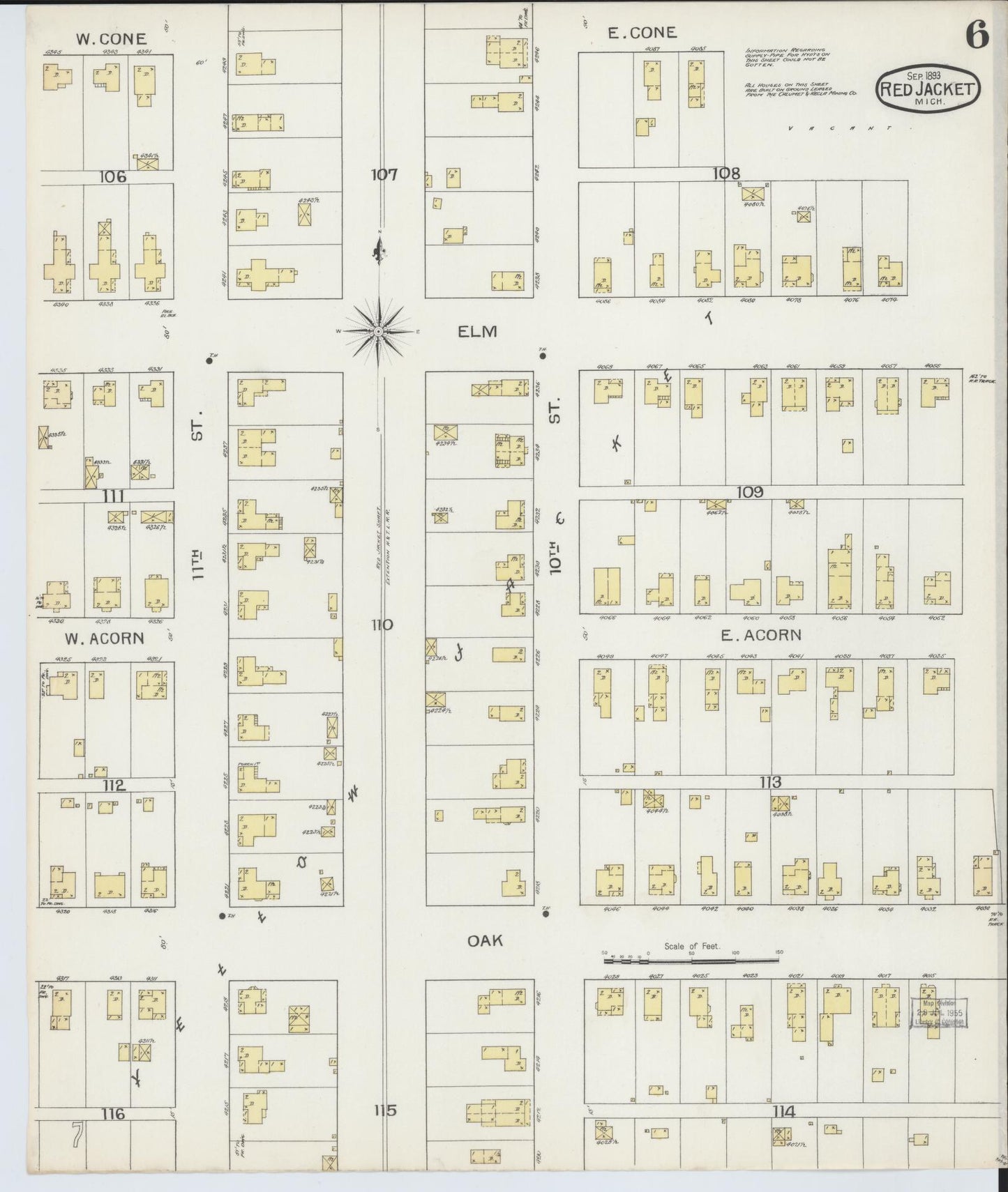 Sanborn Fire Insurance Map from Red Jacket, Houghton County, Michigan (1893), Sheet #0006 - Complete Map Set gallery image, historic Sanborn map, vintage wall art, Michigan Michigan