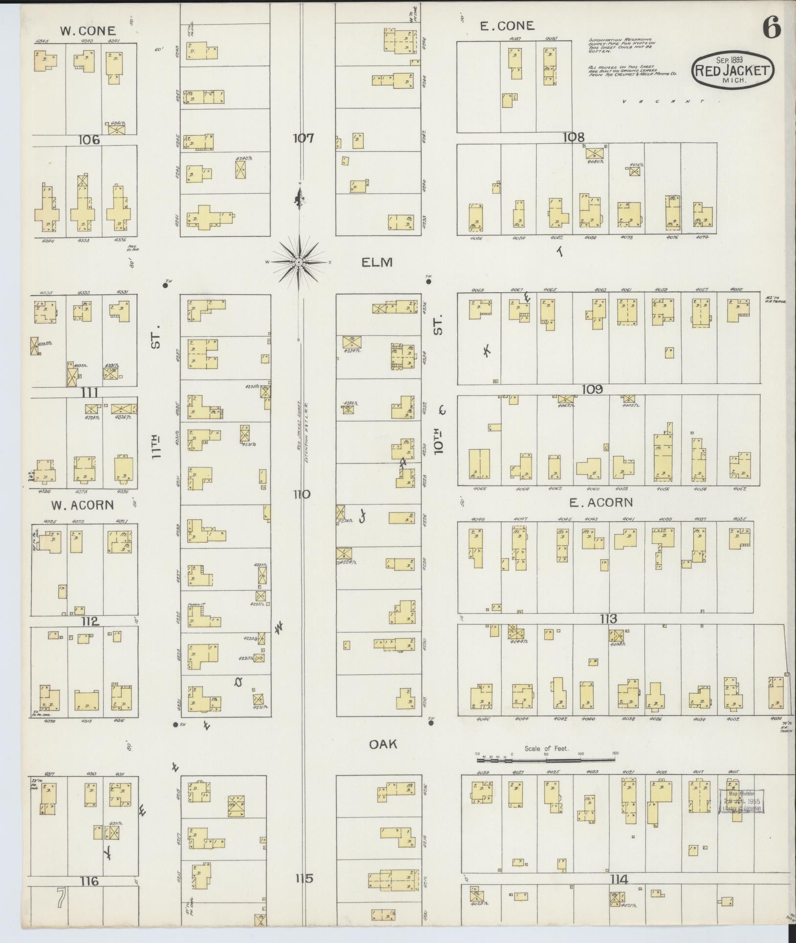 Sanborn Fire Insurance Map from Red Jacket, Houghton County, Michigan (1893), Sheet #0006 - Complete Map Set gallery image, historic Sanborn map, vintage wall art, Michigan Michigan