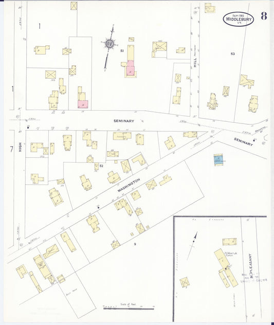 Sanborn Fire Insurance Map from Middlebury, Addison County, Vermont (1910), Sheet #0008 - Historic Sanborn Fire Insurance Map Print, vintage old map wall art, antique decor, genealogy gift, Vermont Vermont map