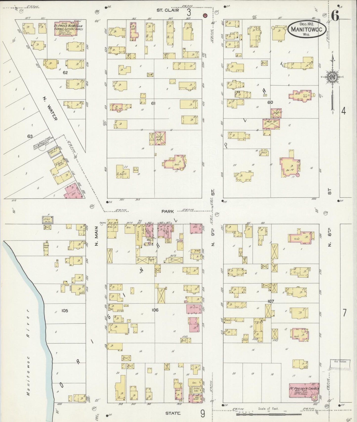 Sanborn Fire Insurance Map from Manitowoc, Manitowoc County, Wisconsin (1912), Sheet #0006 - Complete Map Set gallery image, historic Sanborn map, vintage wall art, Wisconsin Wisconsin