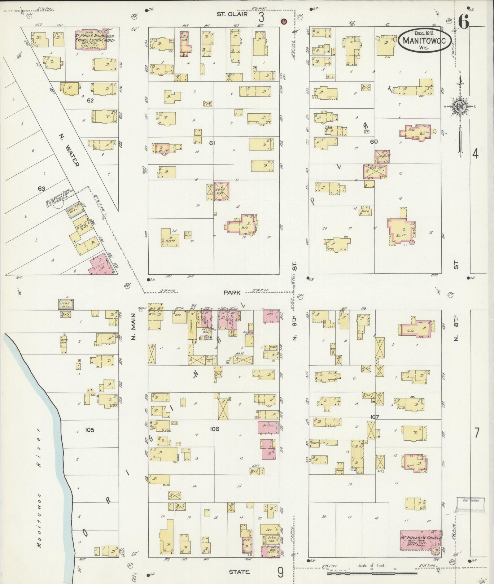 Sanborn Fire Insurance Map from Manitowoc, Manitowoc County, Wisconsin (1912), Sheet #0006 - Complete Map Set gallery image, historic Sanborn map, vintage wall art, Wisconsin Wisconsin