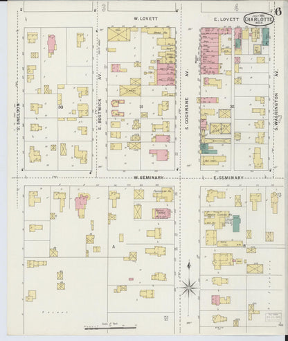 Sanborn Fire Insurance Map from Charlotte, Eaton County, Michigan (1895), Sheet #0006 - Historic Sanborn Fire Insurance Map Print, vintage old map wall art, antique decor, genealogy gift, Michigan Michigan map