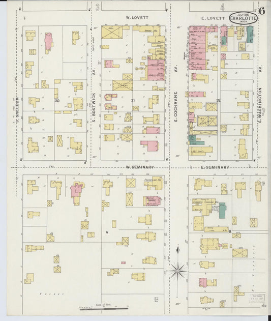 Sanborn Fire Insurance Map from Charlotte, Eaton County, Michigan (1895), Sheet #0006 - Historic Sanborn Fire Insurance Map Print, vintage old map wall art, antique decor, genealogy gift, Michigan Michigan map