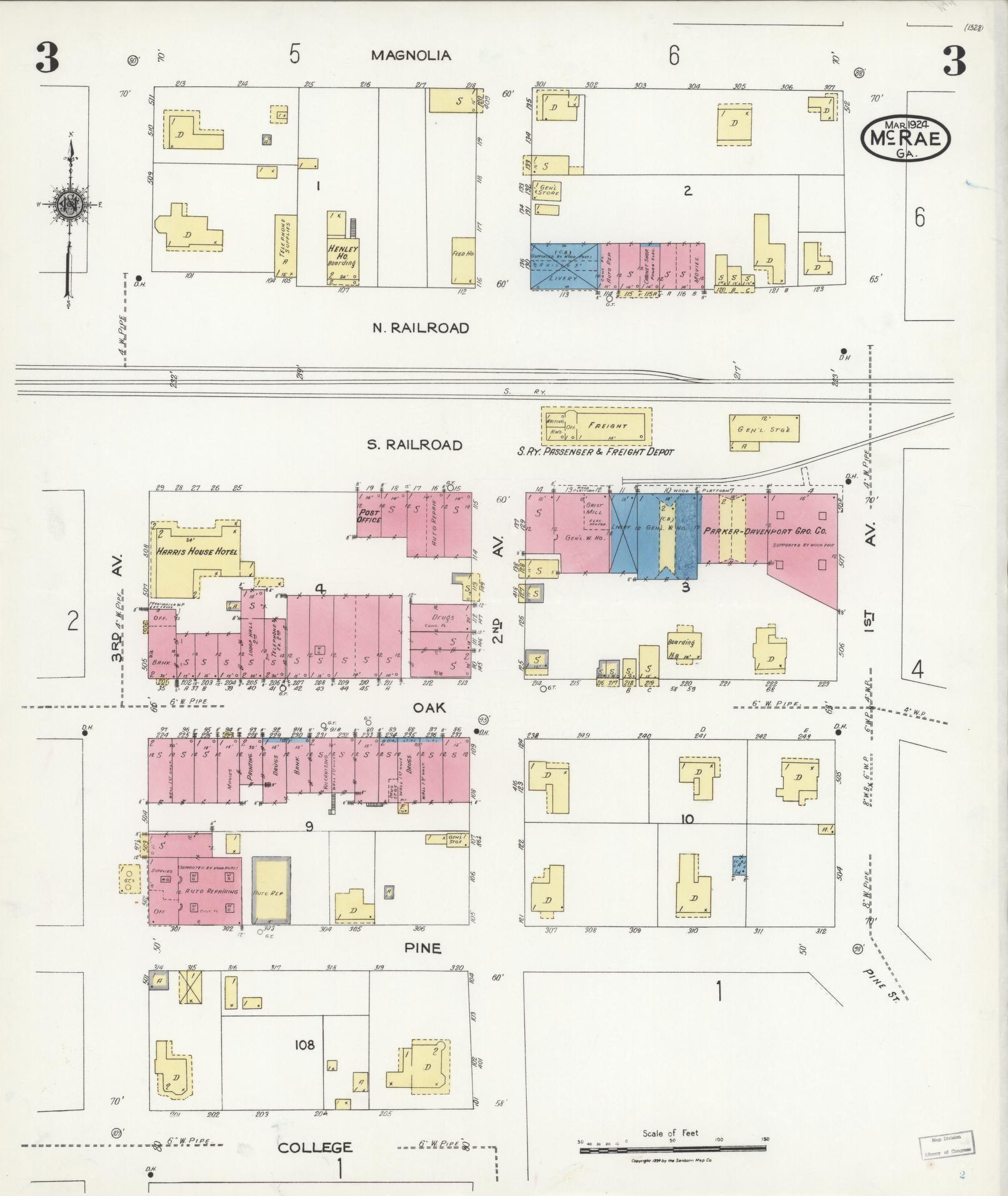 Sanborn Fire Insurance Map from Mcrae, Telfair County, Georgia (1924), Sheet #0003 - Historic Sanborn Fire Insurance Map Print, vintage old map wall art, antique decor, genealogy gift, Georgia Georgia map