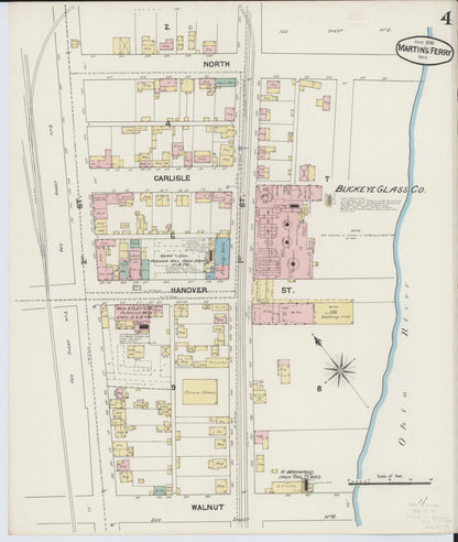 Sanborn Fire Insurance Map from Martins Ferry, Belmont County, Ohio (1890), Sheet #0004 - Historic Sanborn Fire Insurance Map Print, vintage old map wall art, antique decor, genealogy gift, Ohio Ohio map