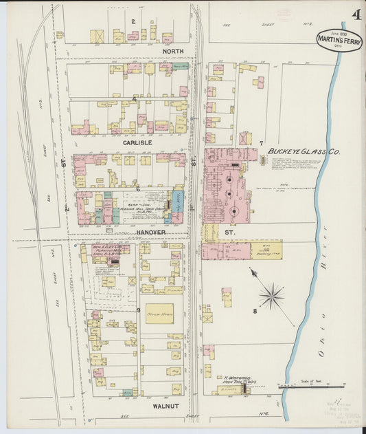 Sanborn Fire Insurance Map from Martins Ferry, Belmont County, Ohio (1890), Sheet #0004 - Historic Sanborn Fire Insurance Map Print, vintage old map wall art, antique decor, genealogy gift, Ohio Ohio map