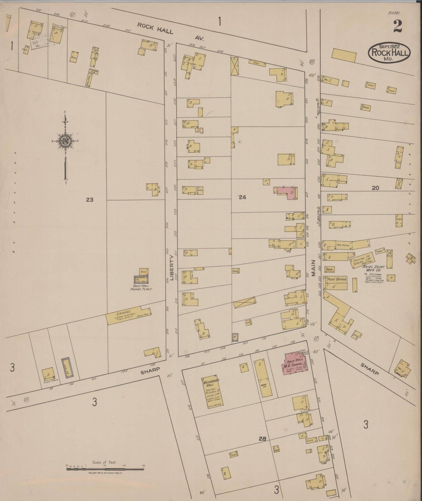 Sanborn Fire Insurance Map from Rock Hall, Kent County, Maryland (1922), Sheet #0002 - Historic Sanborn Fire Insurance Map Print, vintage old map wall art