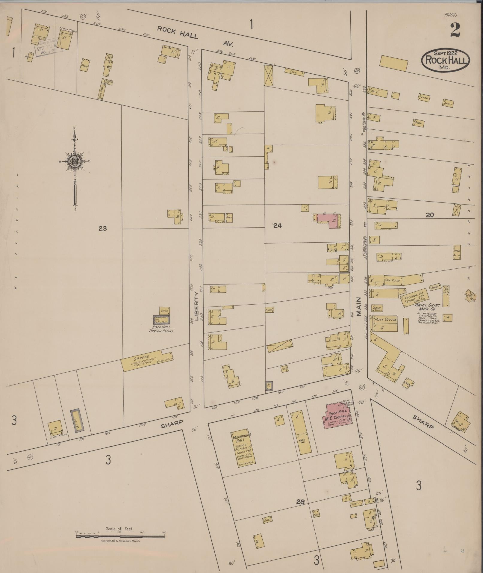 Sanborn Fire Insurance Map from Rock Hall, Kent County, Maryland (1922), Sheet #0002 - Historic Sanborn Fire Insurance Map Print, vintage old map wall art