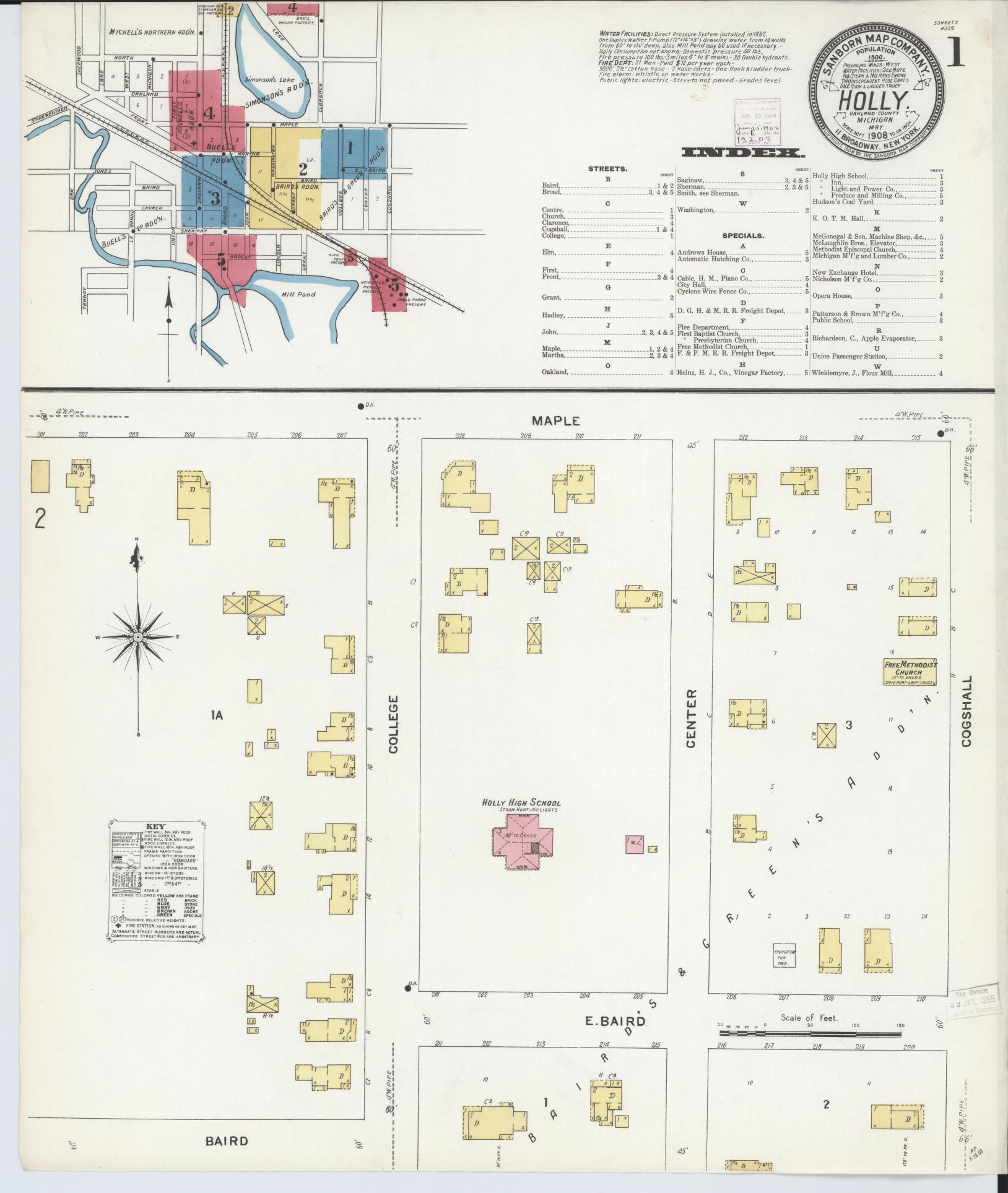 Sanborn Fire Insurance Map from Holly, Oakland County, Michigan (1908), Sheet #0001 - Complete Map Set gallery image, historic Sanborn map, vintage wall art, Michigan Michigan