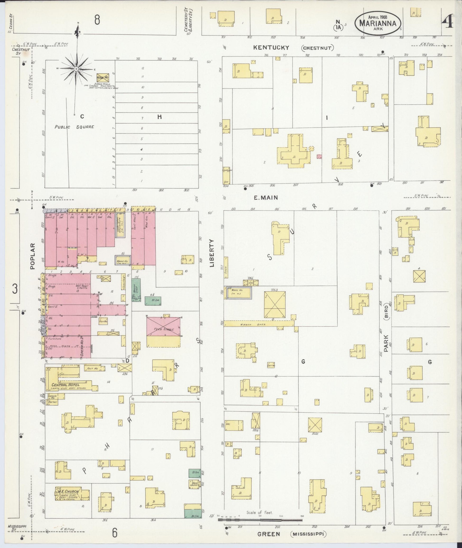 Sanborn Fire Insurance Map from Marianna, Lee County, Arkansas (1908), Sheet #0004 - Historic Sanborn Fire Insurance Map Print, vintage old map wall art, antique decor, genealogy gift, Arkansas Arkansas map