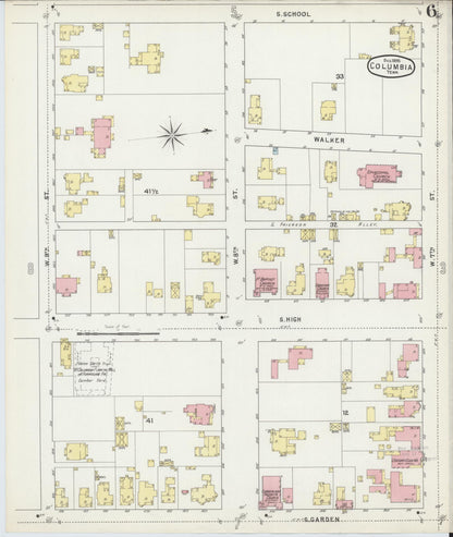 Sanborn Fire Insurance Map from Columbia, Maury County, Tennessee (1895), Sheet #0006 - Complete Map Set gallery image, historic Sanborn map, vintage wall art, Tennessee Tennessee