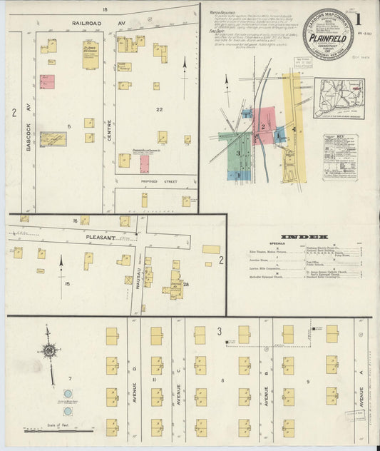 Sanborn Fire Insurance Map from Plainfield, Windham County, Connecticut (1917), Sheet #0001 - Historic Sanborn Fire Insurance Map Print, vintage old map wall art, antique decor, genealogy gift, Connecticut Connecticut map