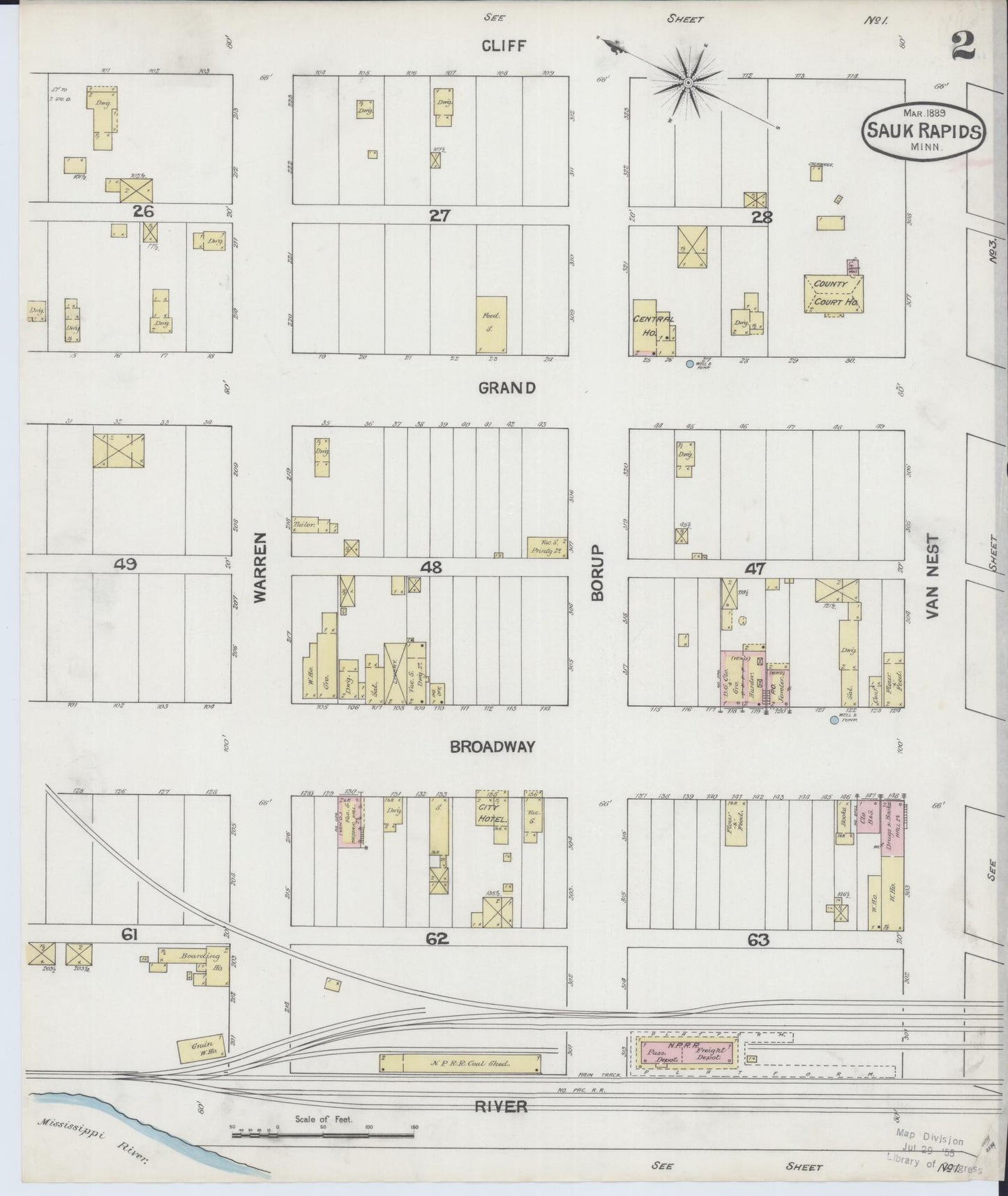 Sanborn Fire Insurance Map from Sauk Rapids, Benton County, Minnesota (1889), Sheet #0002 - Complete Map Set gallery image, historic Sanborn map, vintage wall art, Minnesota Minnesota