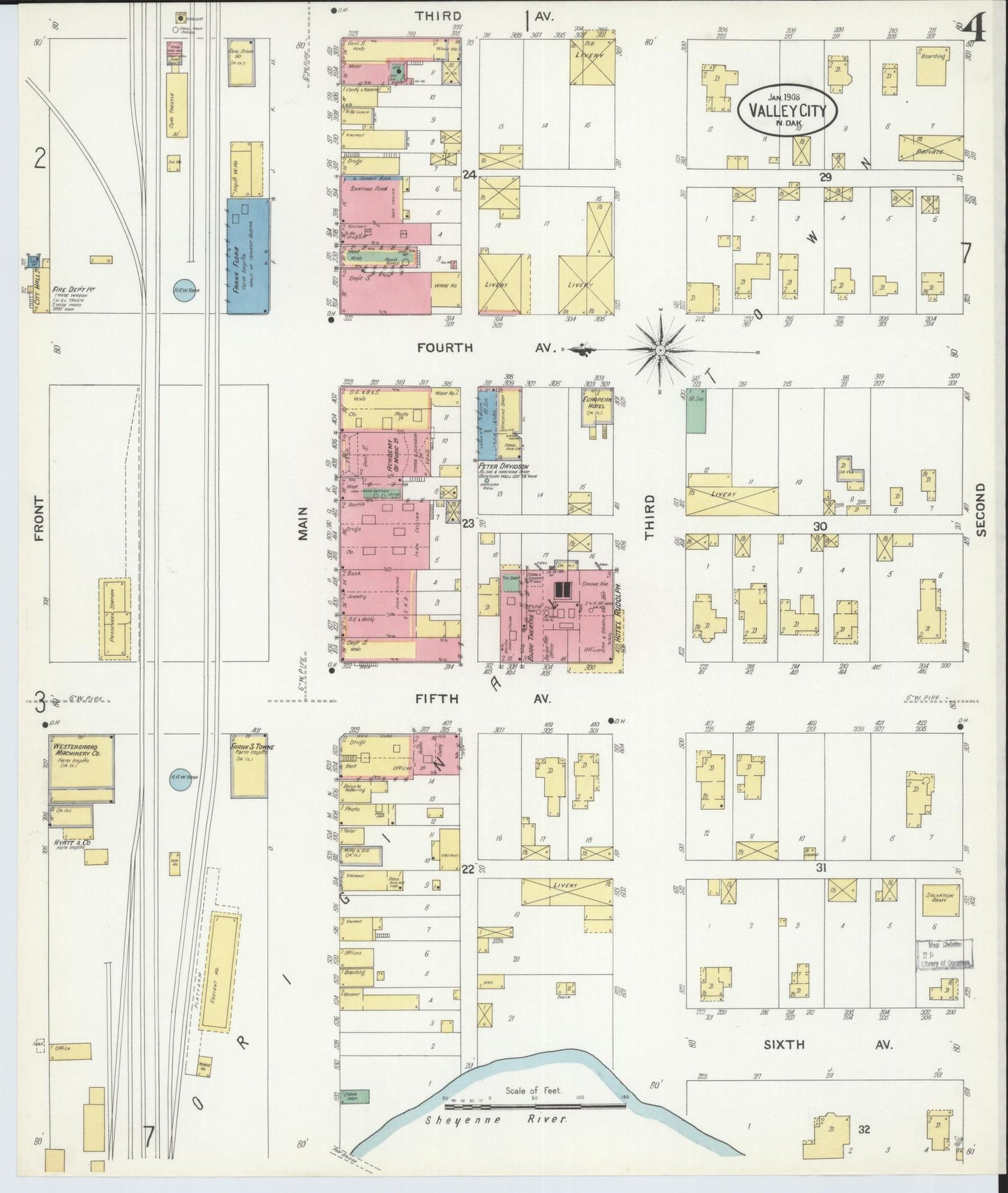 Sanborn Fire Insurance Map from Valley City, Barnes County, North Dakota (1908), Sheet #0004 - Historic Sanborn Fire Insurance Map Print, vintage old map wall art, antique decor, genealogy gift, North Dakota North Dakota map