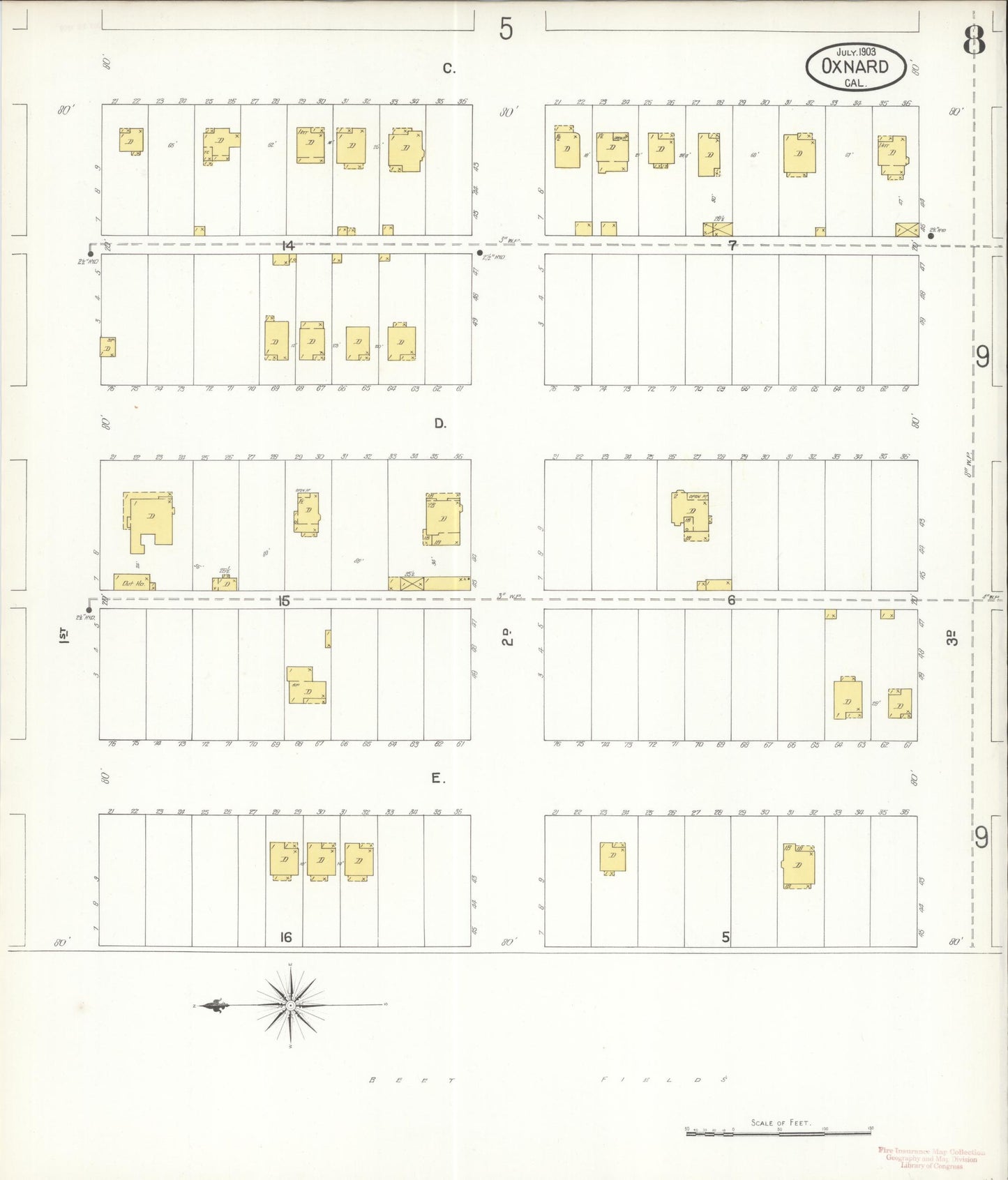 Sanborn Fire Insurance Map from Oxnard, Ventura County, California (1903), Sheet #0008 - Complete Map Set gallery image, historic Sanborn map, vintage wall art, California California