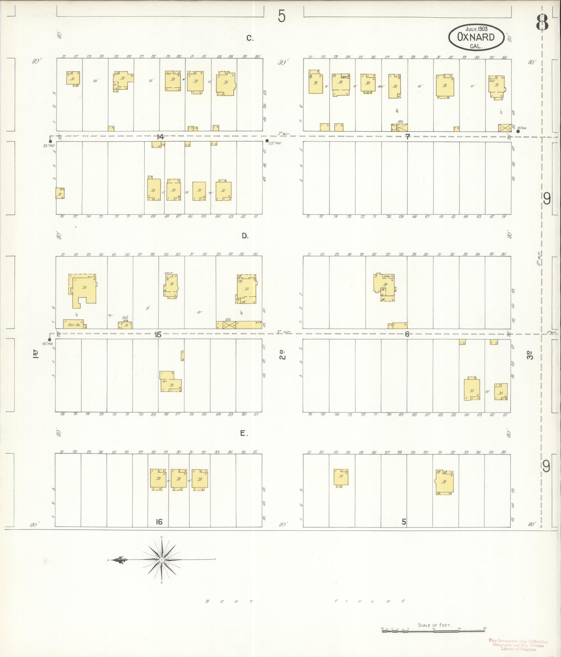 Sanborn Fire Insurance Map from Oxnard, Ventura County, California (1903), Sheet #0008 - Complete Map Set gallery image, historic Sanborn map, vintage wall art, California California