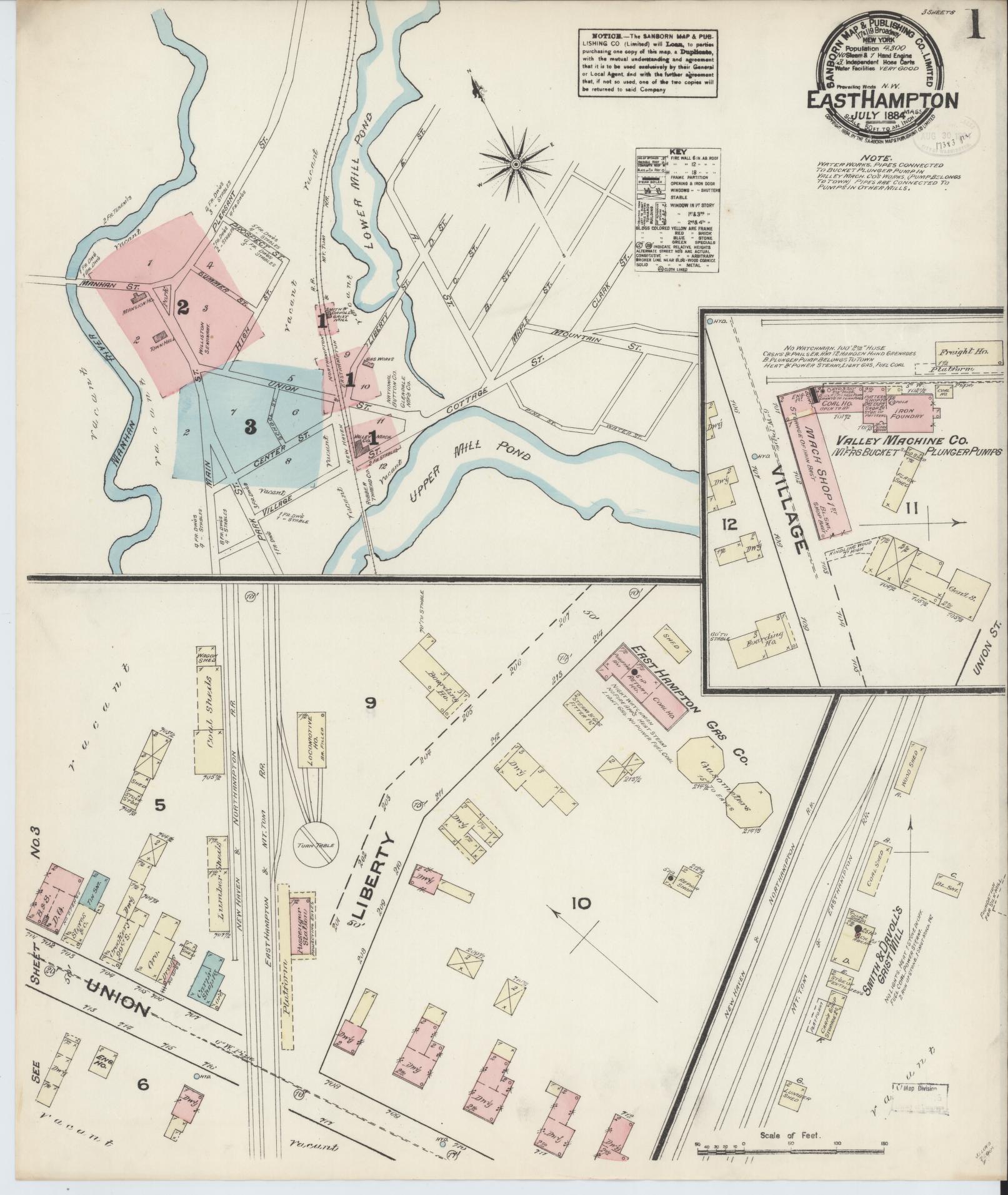 Sanborn Fire Insurance Map from East Hampton, Hampshire County, Massachusetts (1884), Sheet #0001 - Complete Map Set gallery image, historic Sanborn map, vintage wall art, Massachusetts Massachusetts
