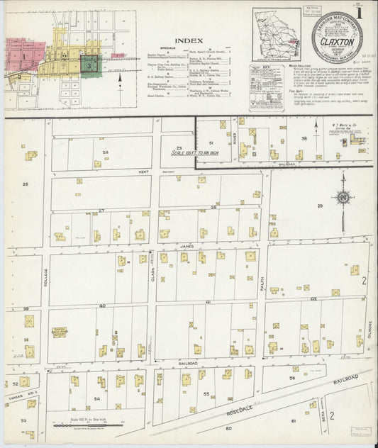 Sanborn Fire Insurance Map from Claxton, Evans County, Georgia (1917), Sheet #0001 - Complete Map Set gallery image, historic Sanborn map, vintage wall art, Georgia Georgia