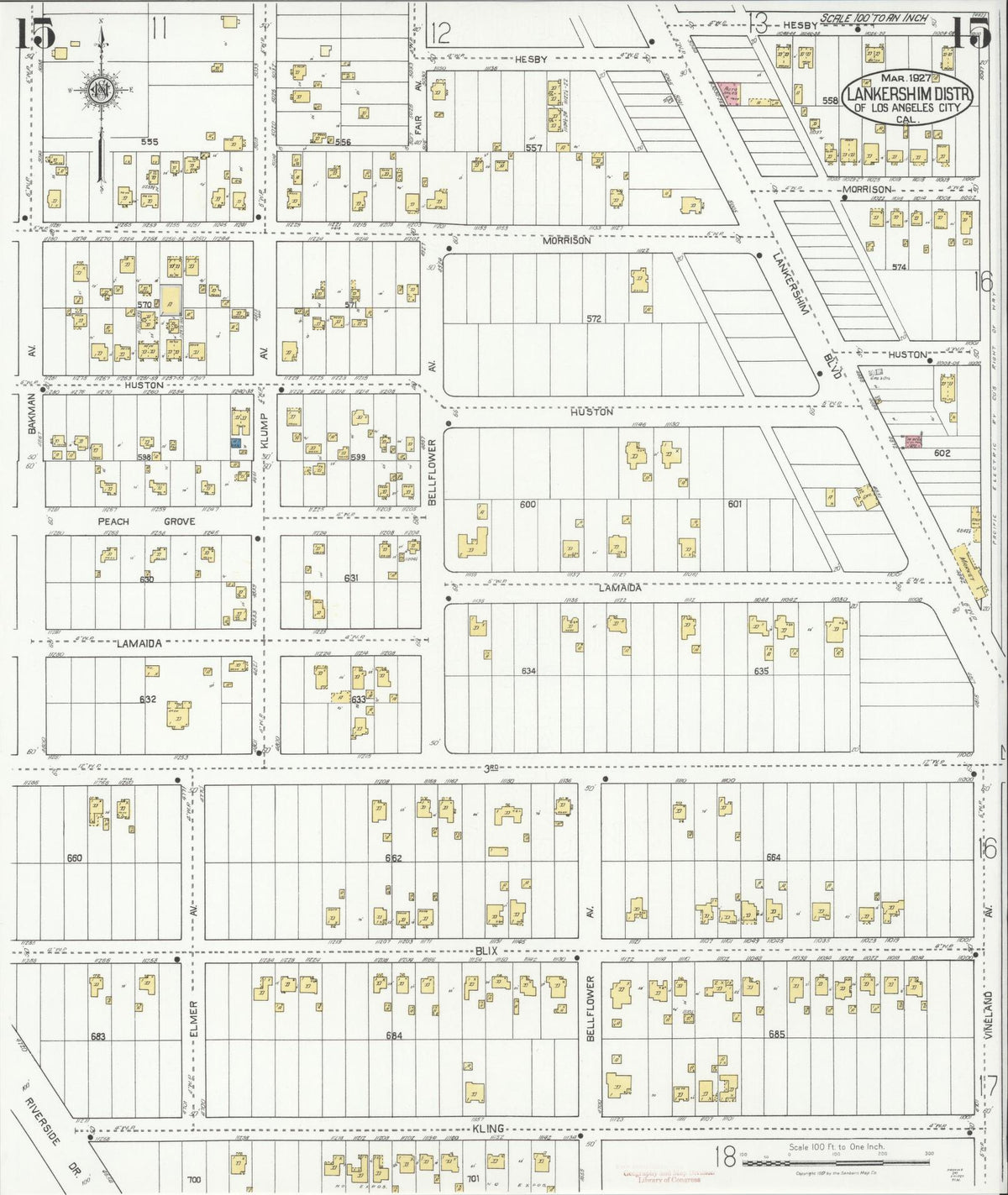 Sanborn Fire Insurance Map from Lankershim, Los Angeles County, California (1927), Sheet #0015 - Complete Map Set gallery image, historic Sanborn map, vintage wall art, California California