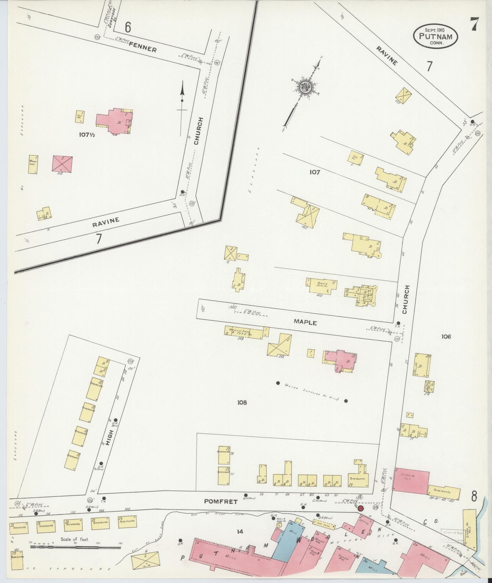 Sanborn Fire Insurance Map from Putnam, Windham County, Connecticut (1910), Sheet #0007 - Complete Map Set gallery image, historic Sanborn map, vintage wall art, Connecticut Connecticut