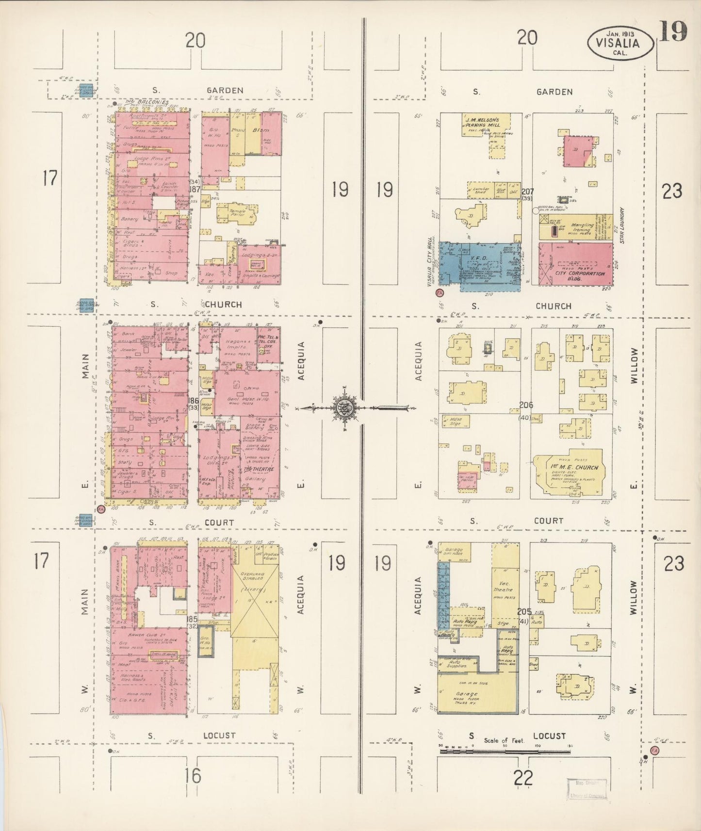 Sanborn Fire Insurance Map from Visalia, Tulare County, California (1913), Sheet #0019 - Complete Map Set gallery image, historic Sanborn map, vintage wall art, California California