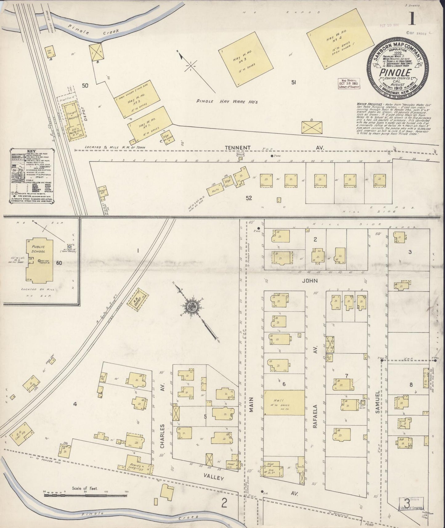 Sanborn Fire Insurance Map from Pinole, Contra Costa County, California (1910), Sheet #0001 - Complete Map Set gallery image, historic Sanborn map, vintage wall art, California California