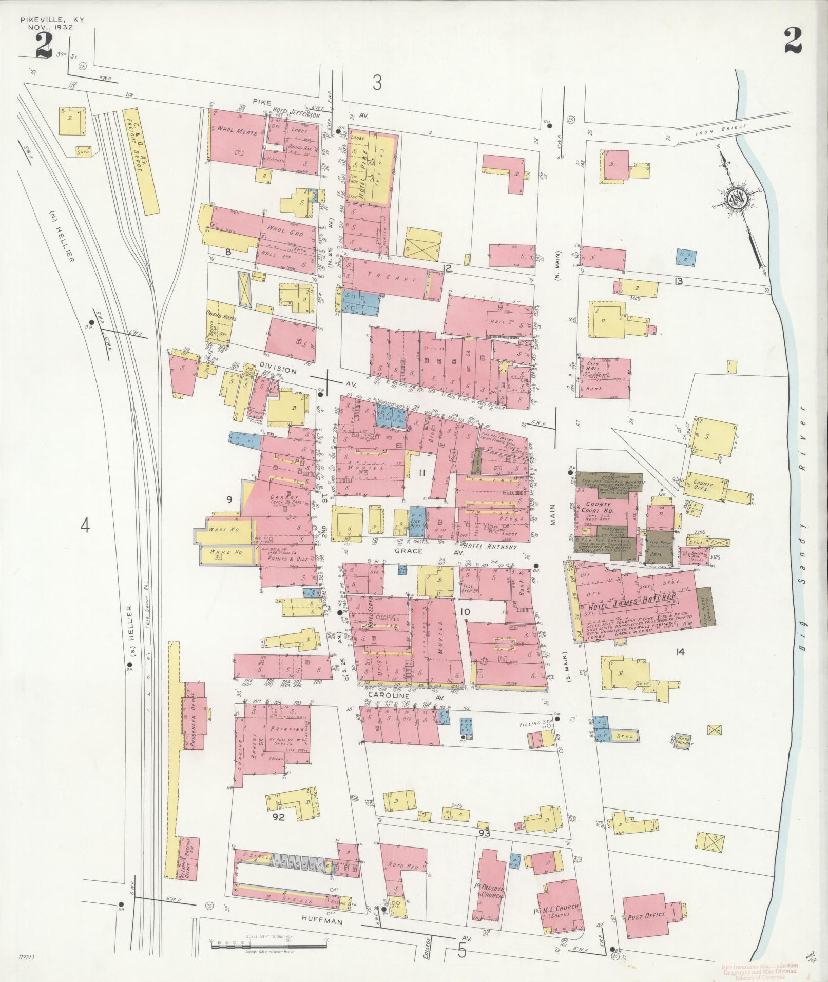 Sanborn Fire Insurance Map from Pikeville, Pike County, Kentucky (1932), Sheet #0002 - Historic Sanborn Fire Insurance Map Print, vintage old map wall art, antique decor, genealogy gift, Kentucky Kentucky map
