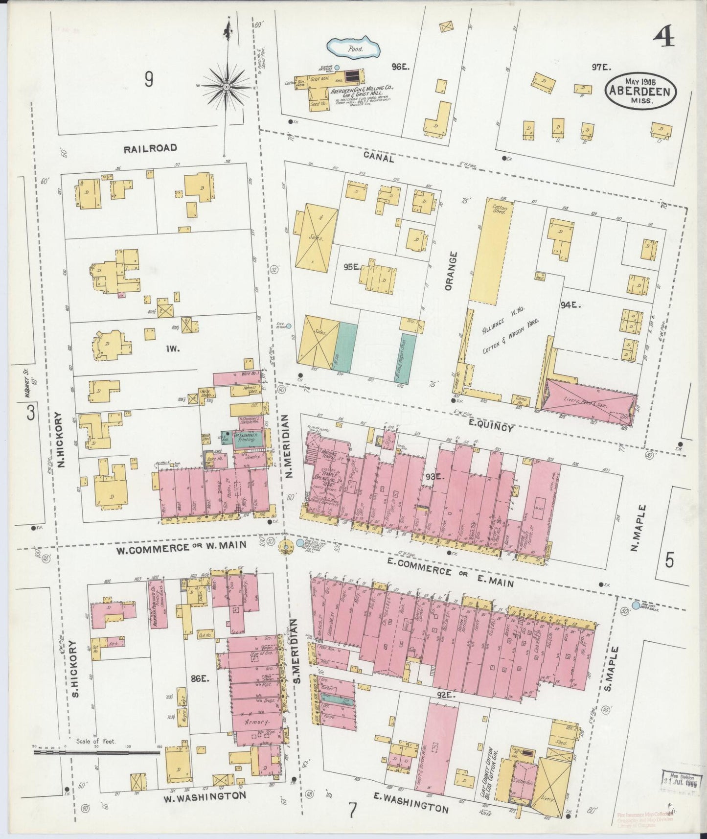 Sanborn Fire Insurance Map from Aberdeen, Monroe County, Mississippi (1905), Sheet #0004 - Historic Sanborn Fire Insurance Map Print, vintage old map wall art, antique decor, genealogy gift, Mississippi Mississippi map