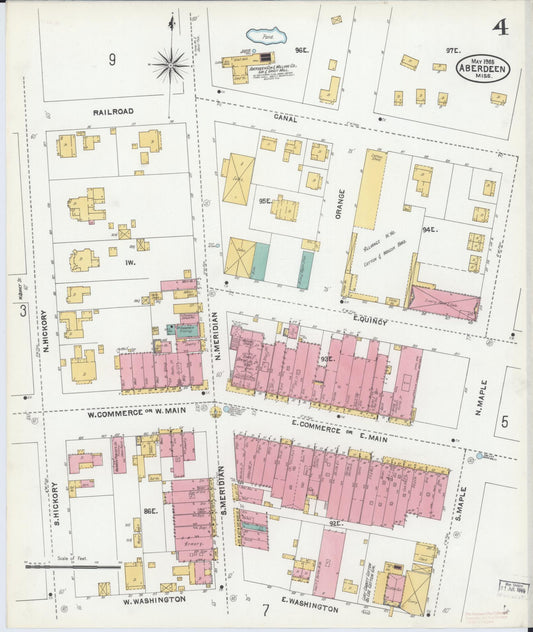 Sanborn Fire Insurance Map from Aberdeen, Monroe County, Mississippi (1905), Sheet #0004 - Historic Sanborn Fire Insurance Map Print, vintage old map wall art, antique decor, genealogy gift, Mississippi Mississippi map