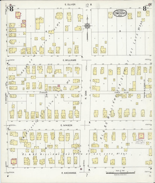 Sanborn Fire Insurance Map from Owosso, Shiawassee County, Michigan (1924), Sheet #0008 - Historic Sanborn Fire Insurance Map Print, vintage old map wall art, antique decor, genealogy gift, Michigan Michigan map