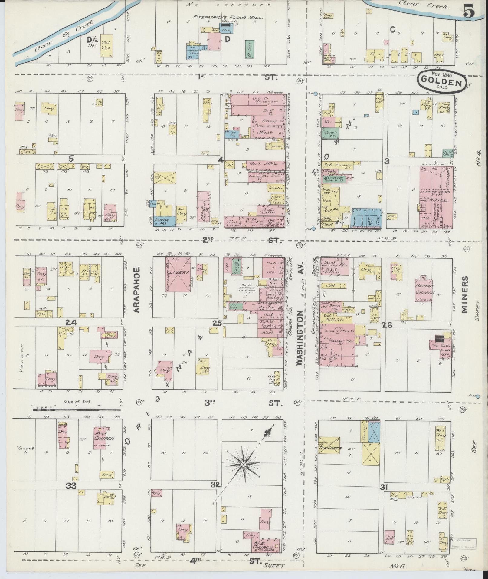 Sanborn Fire Insurance Map from Golden, Jefferson County, Colorado (1890), Sheet #0005 - Complete Map Set gallery image, historic Sanborn map, vintage wall art, Colorado Colorado