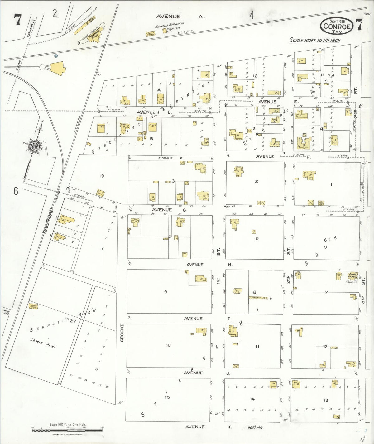Sanborn Fire Insurance Map from Conroe, Montgomery County, Texas (1923), Sheet #0007 - Historic Sanborn Fire Insurance Map Print, vintage old map wall art, antique decor, genealogy gift, Texas Texas map
