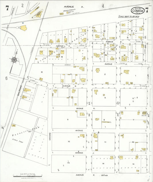 Sanborn Fire Insurance Map from Conroe, Montgomery County, Texas (1923), Sheet #0007 - Historic Sanborn Fire Insurance Map Print, vintage old map wall art, antique decor, genealogy gift, Texas Texas map