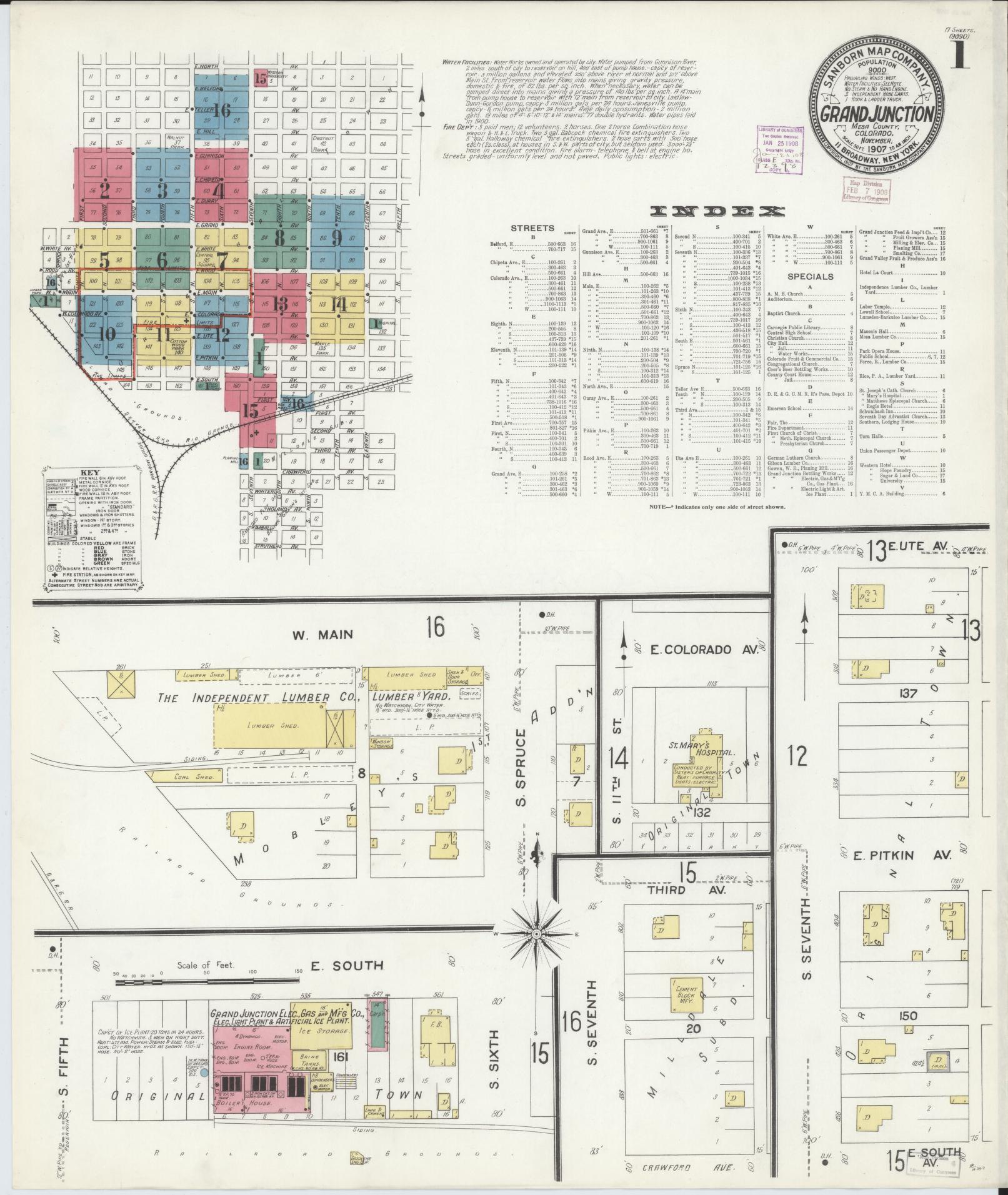 Sanborn Fire Insurance Map from Grand Junction, Mesa County, Colorado (1907), Sheet #0001 - Historic Sanborn Fire Insurance Map Print, vintage old map wall art, antique decor, genealogy gift, Colorado Colorado map