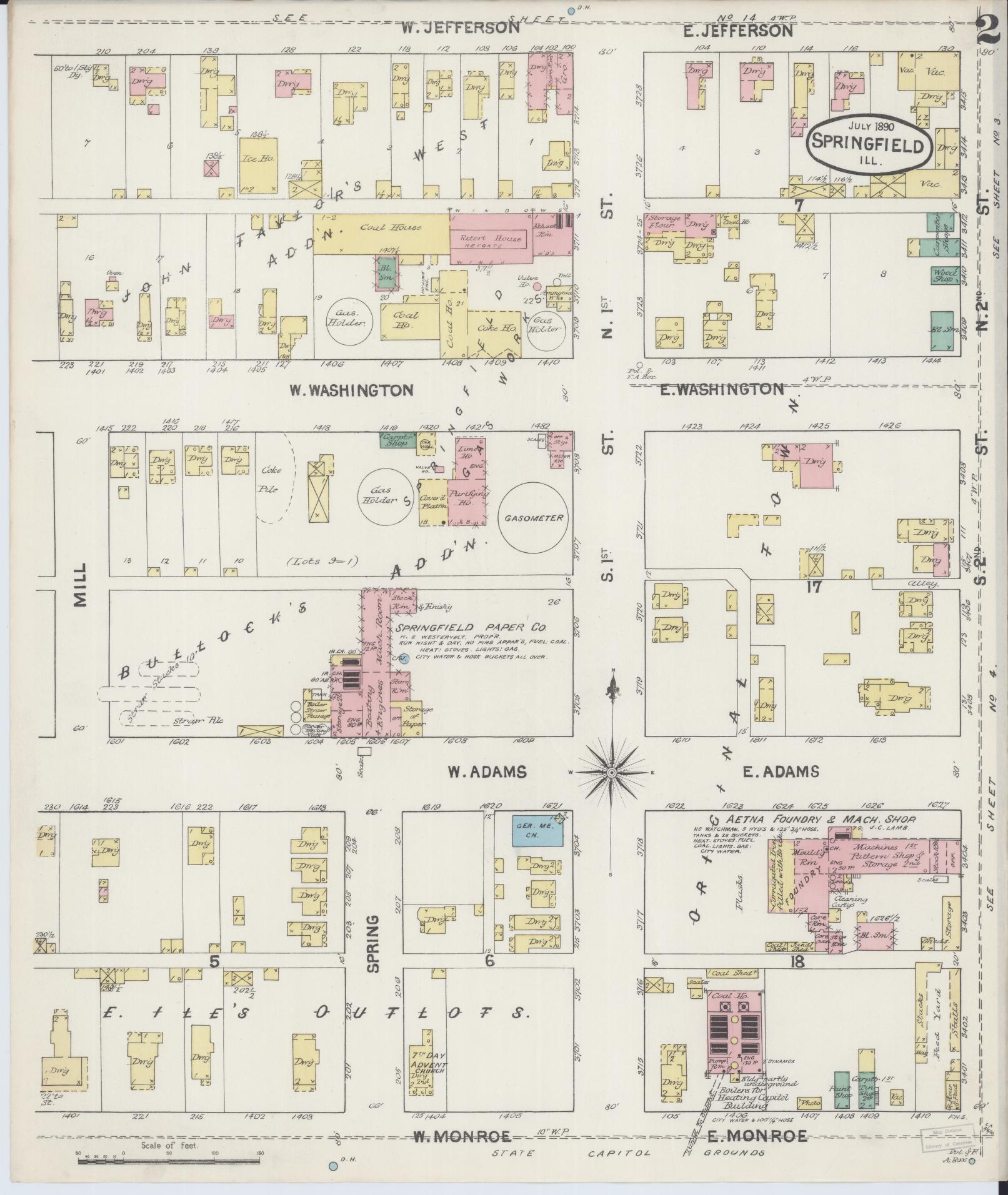 Sanborn Fire Insurance Map from Springfield, Sangamon County, Illinois (1890), Sheet #0002 - Complete Map Set gallery image, historic Sanborn map, vintage wall art, Illinois Illinois