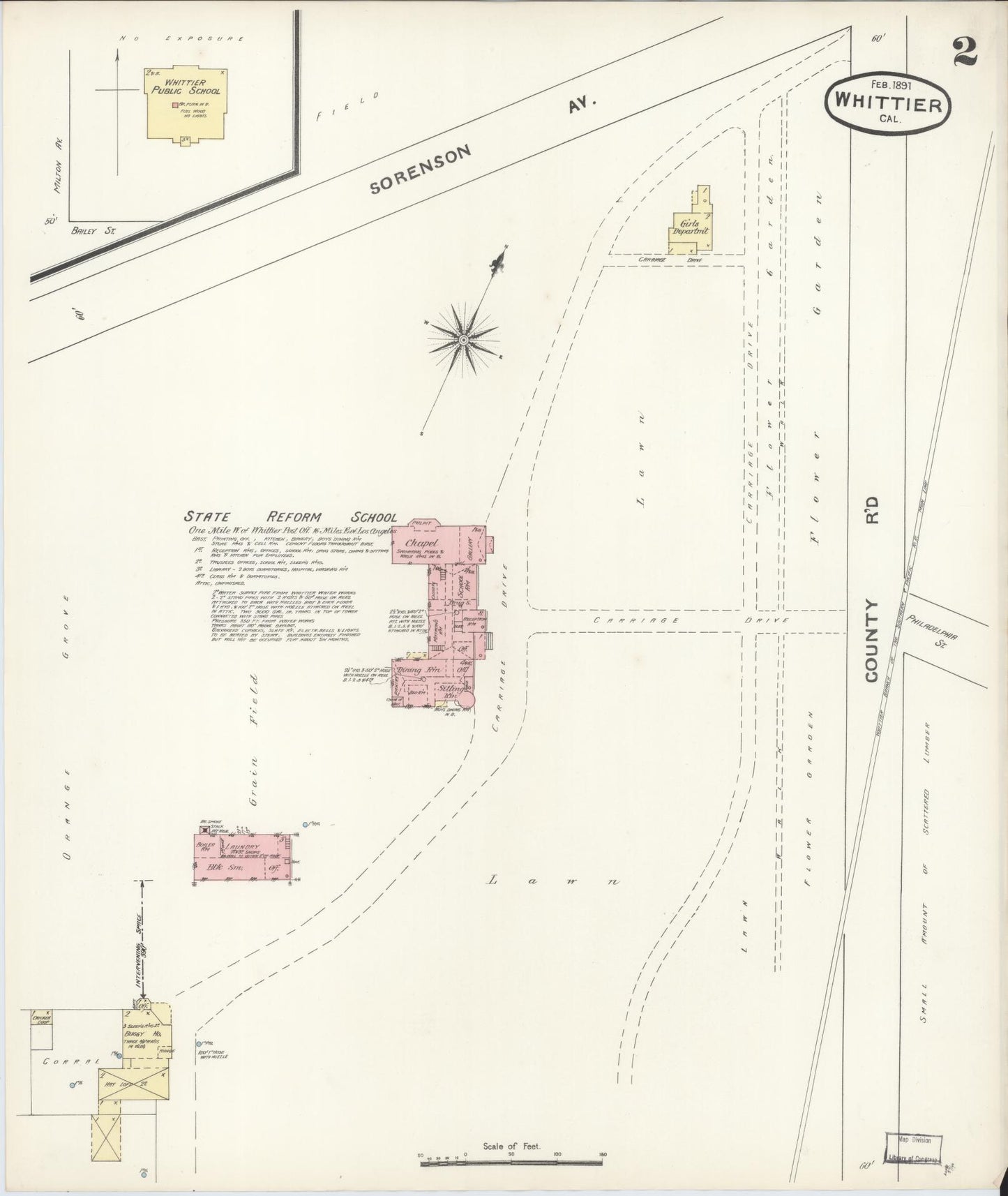 Sanborn Fire Insurance Map from Whittier, Los Angeles County, California (1891), Sheet #0002 - Complete Map Set gallery image, historic Sanborn map, vintage wall art, California California