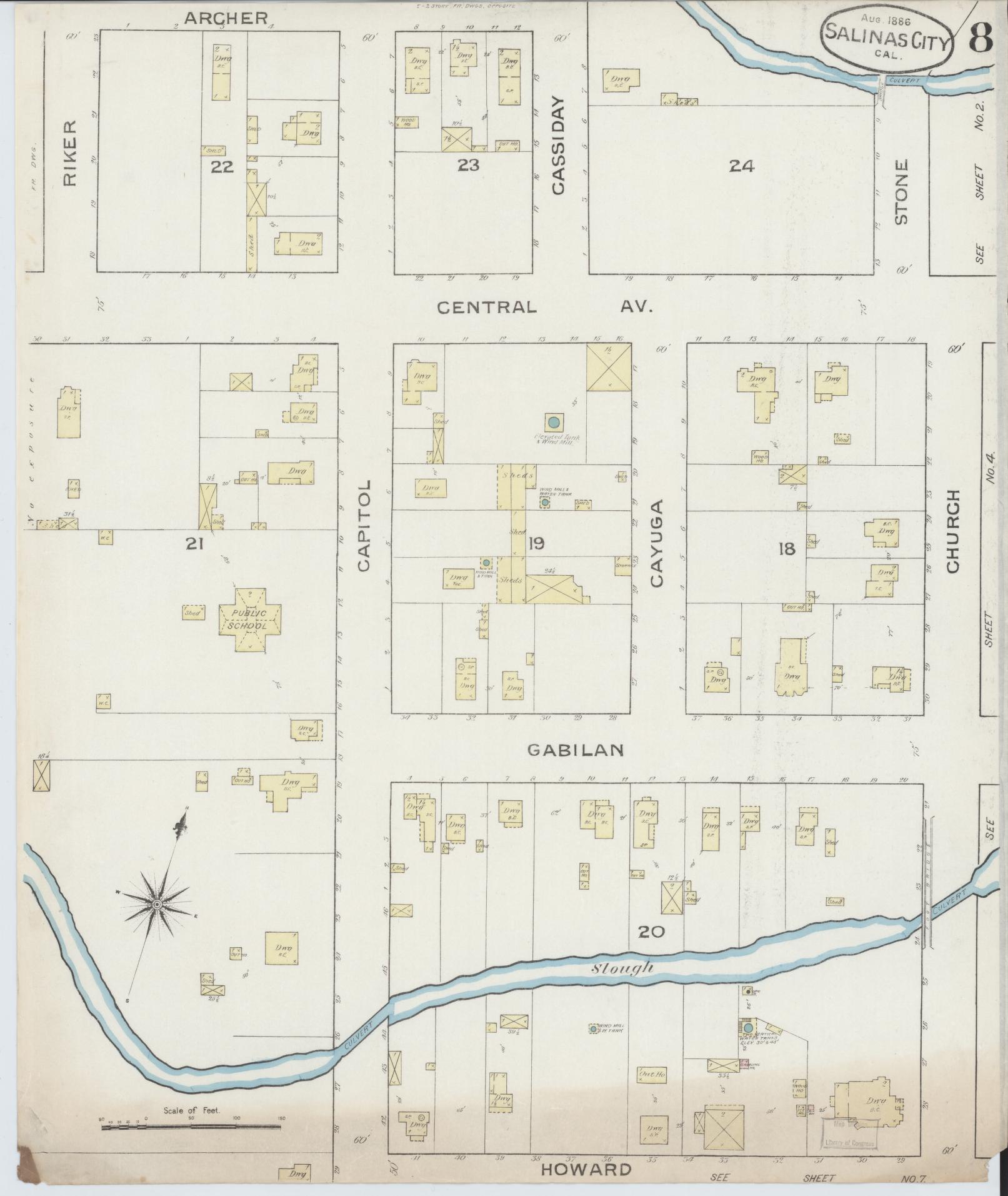 Sanborn Fire Insurance Map from Salinas, Monterey County, California (1886), Sheet #0008 - Complete Map Set gallery image, historic Sanborn map, vintage wall art, California California