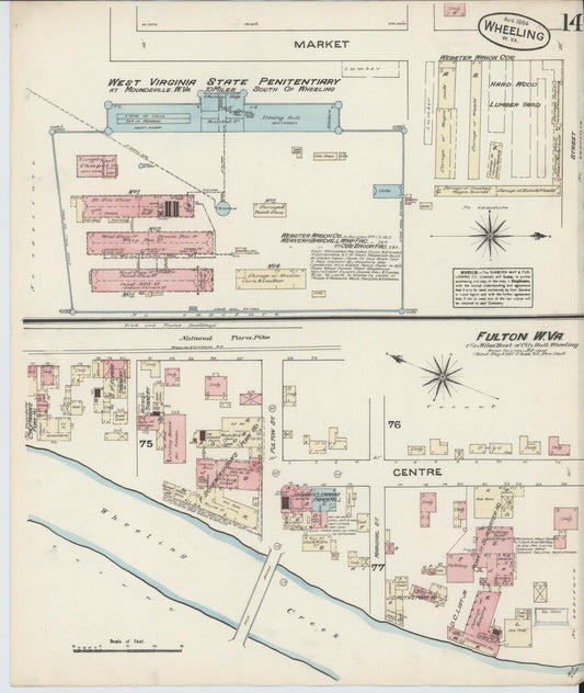 Sanborn Fire Insurance Map from Wheeling, Ohio County, West Virginia (1884), Sheet #0014 - Historic Sanborn Fire Insurance Map Print, vintage old map wall art, antique decor, genealogy gift, West Virginia West Virginia map