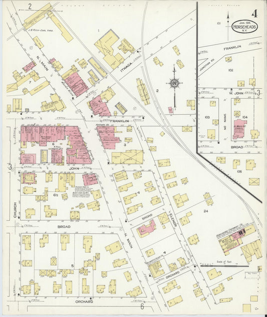Sanborn Fire Insurance Map from Horseheads, Chemung County, New York (1914), Sheet #0004 - Historic Sanborn Fire Insurance Map Print, vintage old map wall art, antique decor, genealogy gift, New York New York map