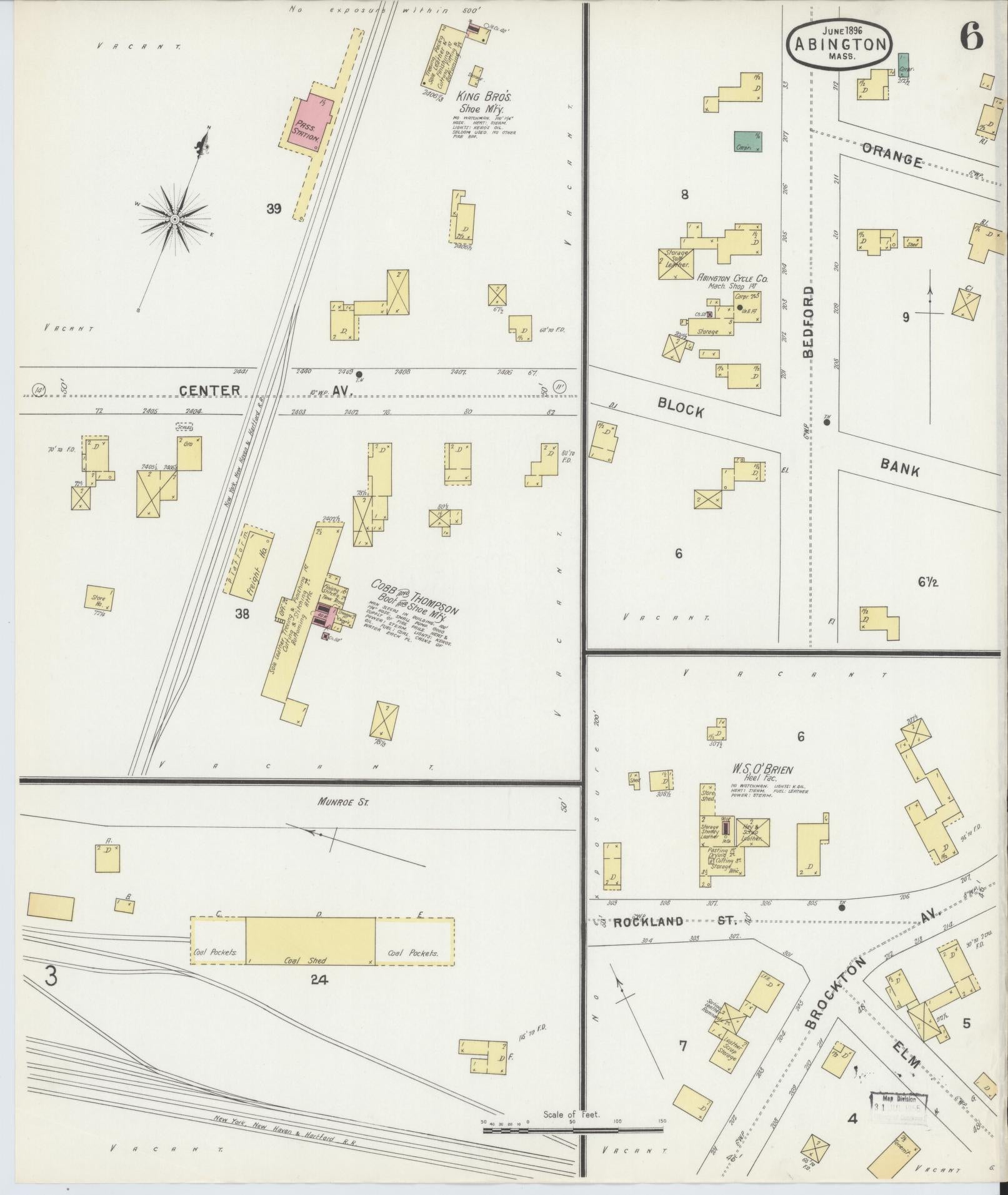 Sanborn Fire Insurance Map from Abington, Plymouth County, Massachusetts (1896), Sheet #0006 - Historic Sanborn Fire Insurance Map Print, vintage old map wall art, antique decor, genealogy gift, Massachusetts Massachusetts map