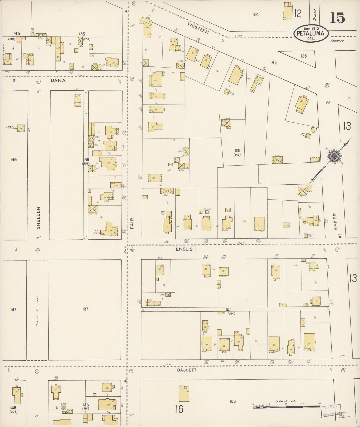Sanborn Fire Insurance Map from Petaluma, Sonoma County, California (1910), Sheet #0015 - Complete Map Set gallery image, historic Sanborn map, vintage wall art, California California