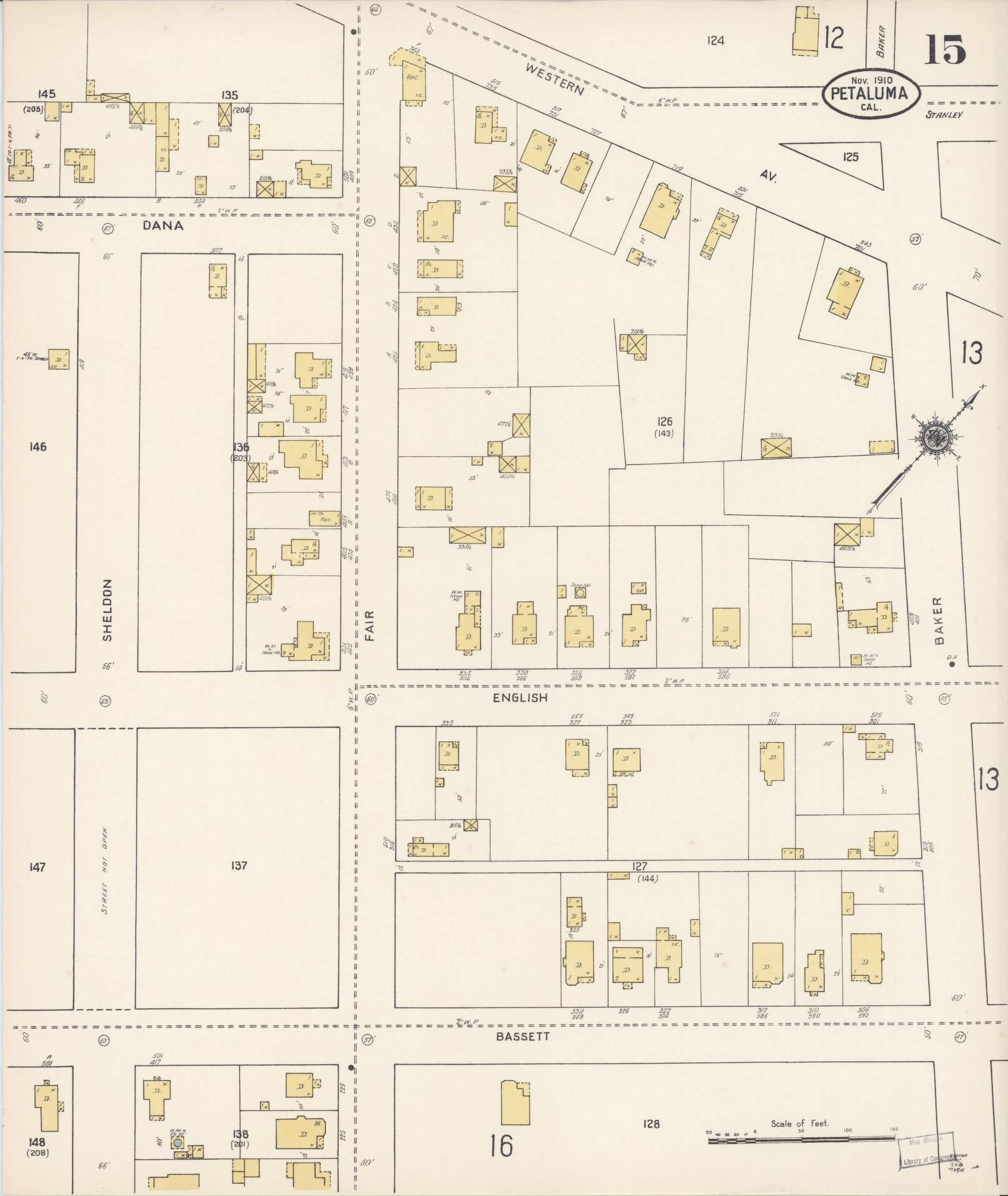 Sanborn Fire Insurance Map from Petaluma, Sonoma County, California (1910), Sheet #0015 - Complete Map Set gallery image, historic Sanborn map, vintage wall art, California California