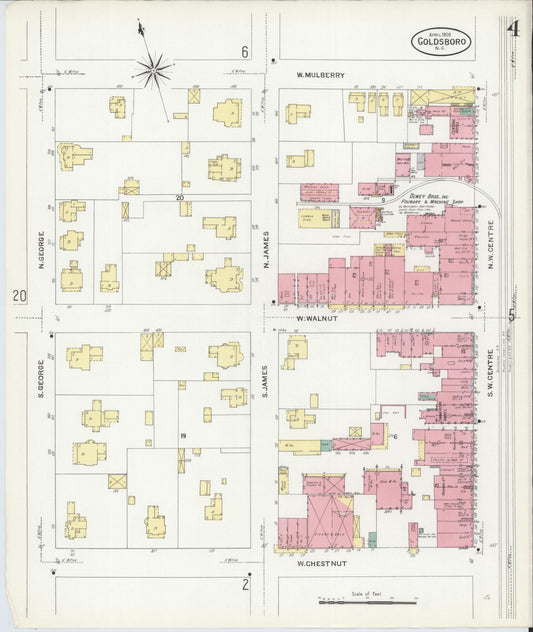 Sanborn Fire Insurance Map from Goldsboro, Wayne County, North Carolina (1908), Sheet #0004 - Historic Sanborn Fire Insurance Map Print, vintage old map wall art, antique decor, genealogy gift, North Carolina North Carolina map