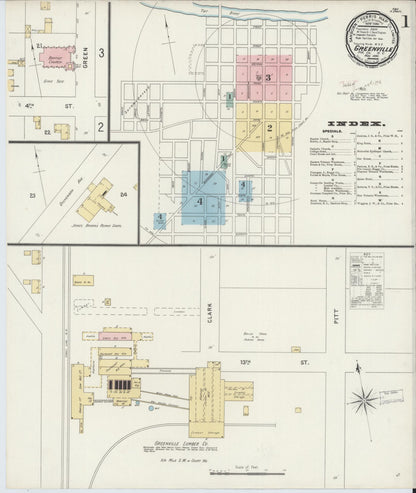 Sanborn Fire Insurance Map from Greenville, Pitt County, North Carolina (1896), Sheet #0001 - Complete Map Set gallery image, historic Sanborn map, vintage wall art, North Carolina North Carolina