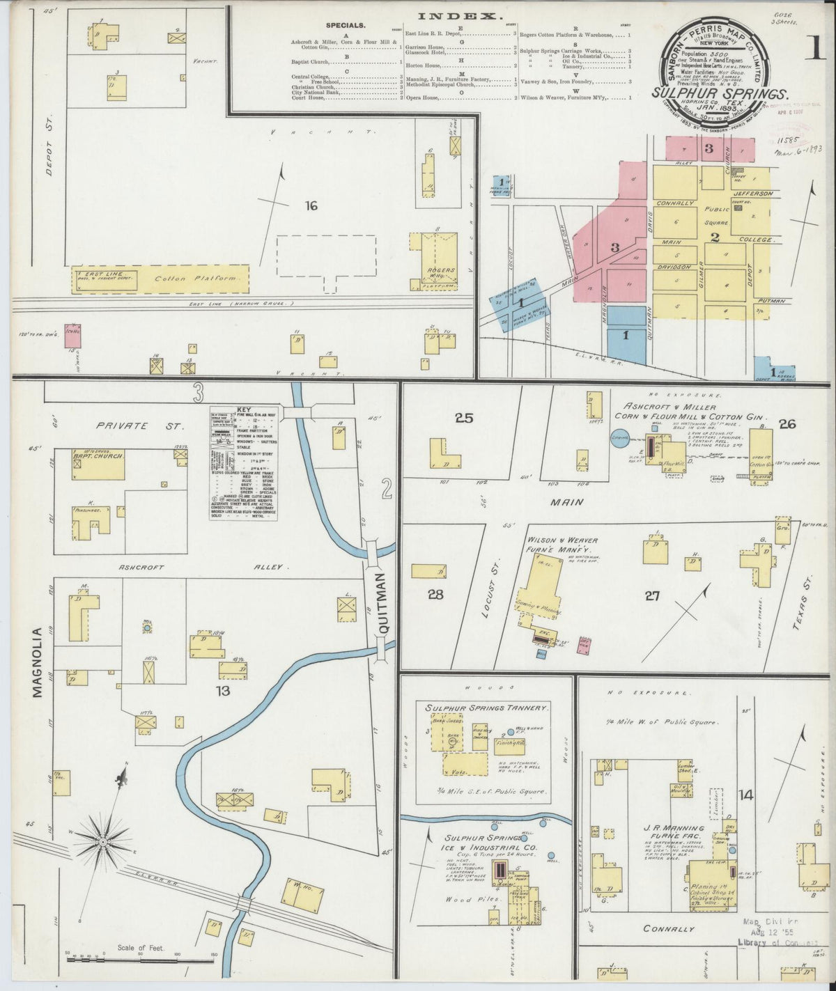 Sanborn Fire Insurance Map from Sulphur Springs, Hopkins County, Texas (1893), Sheet #0001 - Historic Sanborn Fire Insurance Map Print, vintage old map wall art, antique decor, genealogy gift, Texas Texas map