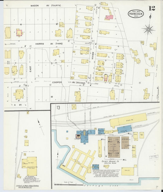 Sanborn Fire Insurance Map from Hancock, Houghton County, Michigan (1907), Sheet #0012 - Historic Sanborn Fire Insurance Map Print, vintage old map wall art, antique decor, genealogy gift, Michigan Michigan map