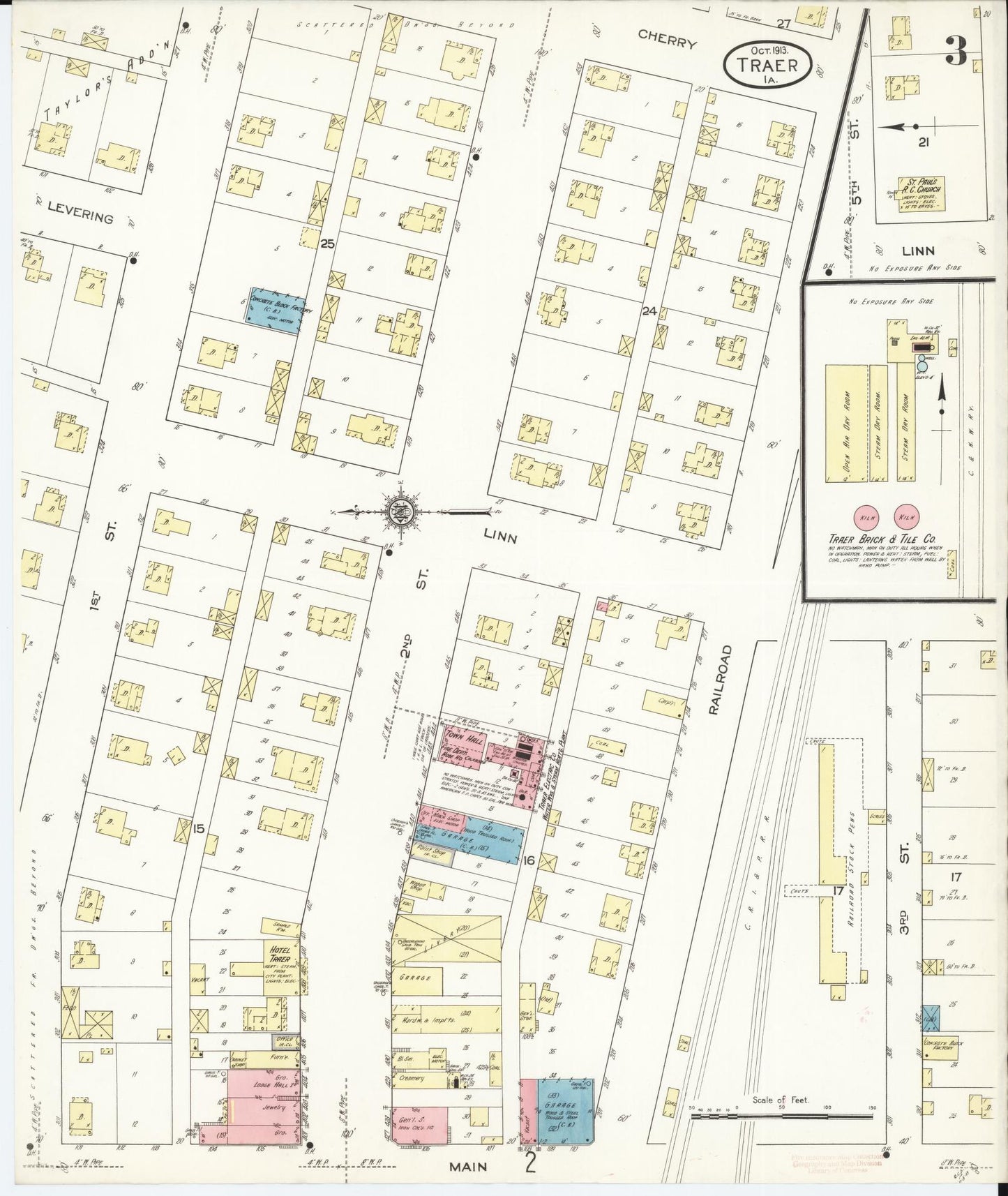 Sanborn Fire Insurance Map from Traer, Tama County, Iowa (1913), Sheet #0003 - Historic Sanborn Fire Insurance Map Print, vintage old map wall art