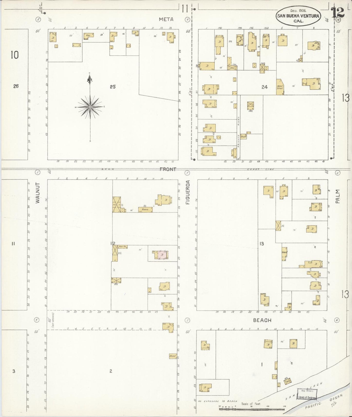 Sanborn Fire Insurance Map from San Buenaventura, Ventura County, California (1906), Sheet #0012 - Complete Map Set gallery image, historic Sanborn map, vintage wall art, California California
