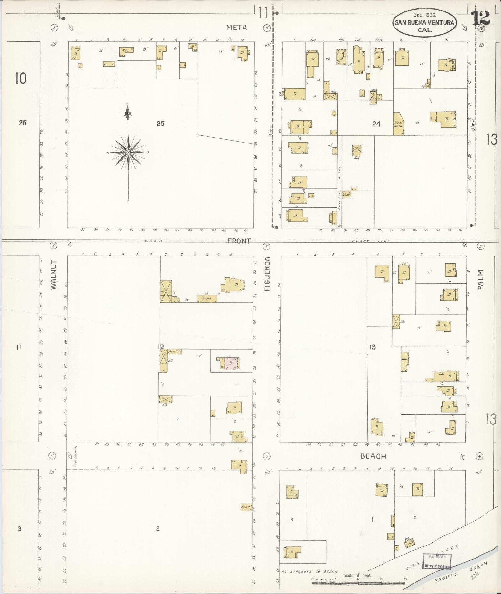 Sanborn Fire Insurance Map from San Buenaventura, Ventura County, California (1906), Sheet #0012 - Complete Map Set gallery image, historic Sanborn map, vintage wall art, California California